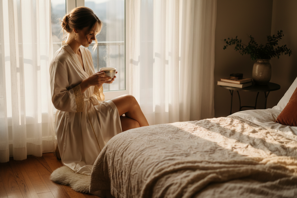 Elegant woman in luxury robe with coffee