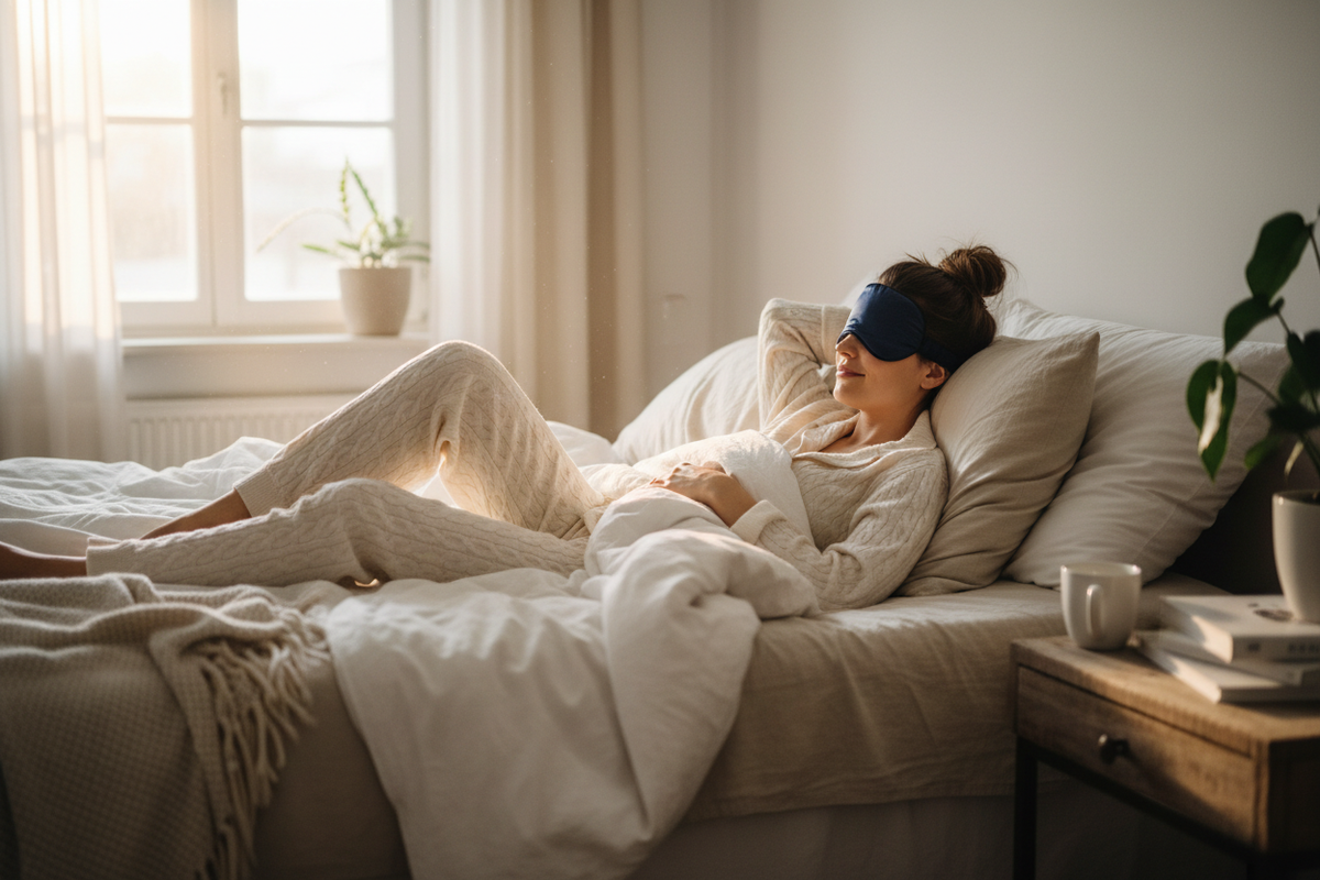 Woman in pajamas with sleeping mask